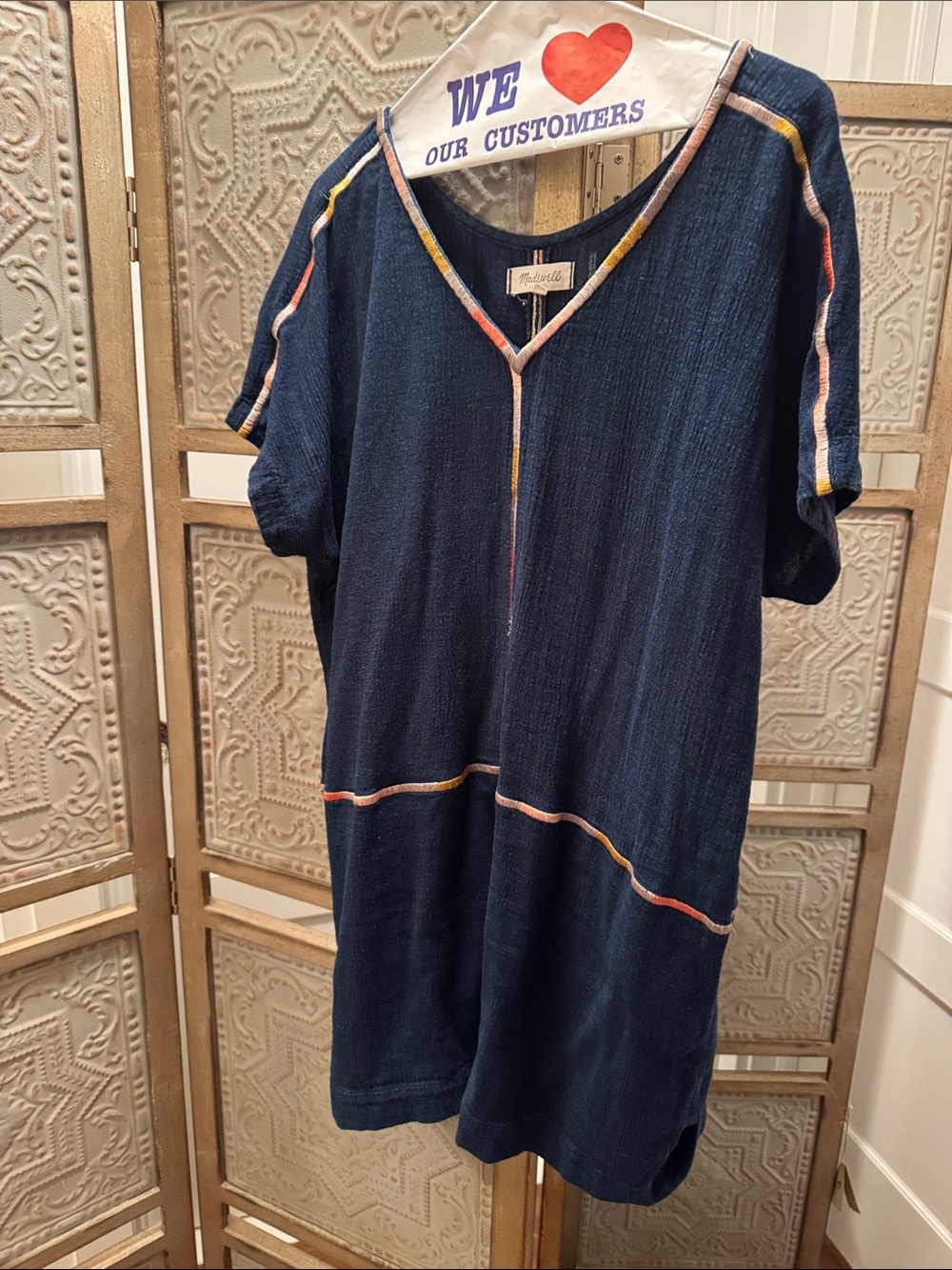 Madewell Navy Short-Sleeve Tunic Dress with Multicolor Contrast Trim